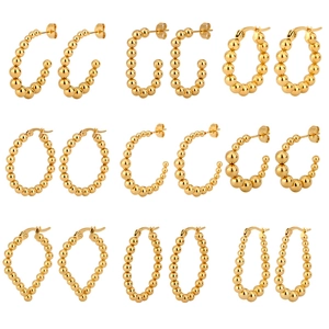 Stainless Steel Beaded Hoop Earrings For Women Gold Silver C-Shape Heart U-Shape Geometric Ball Minimalist Jewelry
