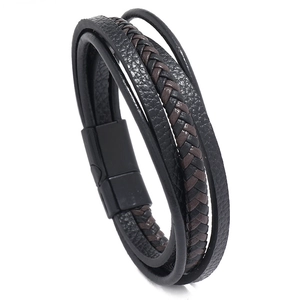 Men's multilayer braided leather bracelet with black matte magnetic buckle on white background