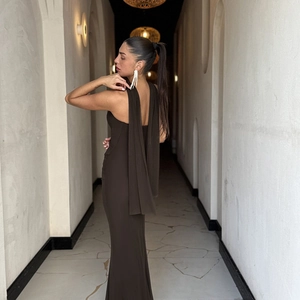 Detailed back view of dark brown bodycon dress with elegant ribbons and open back design