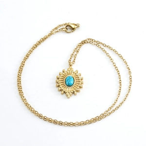 18K gold stainless steel necklace with turquoise evil eye sun flower pendant