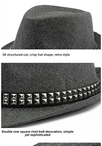 Detailed view of dark grey wool fedora with black leather strap and silver square studs