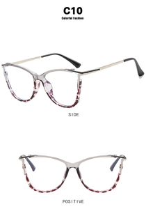Detailed front and side views of cat-eye glasses frame in transparent grey and floral pattern