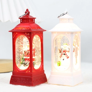 Christmas lantern with Santa and Snowman figures, warm LED light desktop decoration