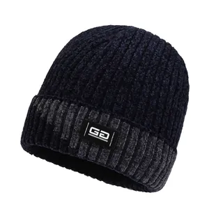 Winter chenille knit beanie with ear protection in navy blue and grey stripe design