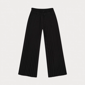 Black high-waisted pleated wide-leg trousers with elastic drawstring and fine texture