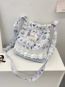 Sweet cartoon pattern phone bag with lace trim and blue bubble cotton fabric