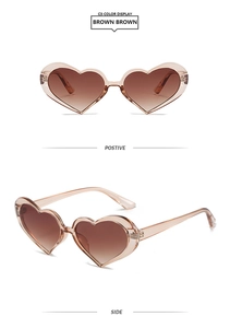 Dual view of heart shaped brown sunglasses showing front and side profile details