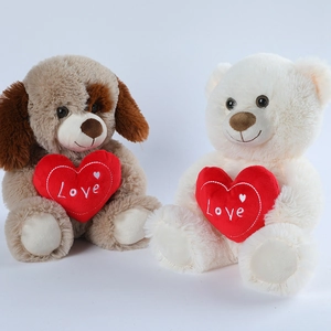 Cute teddy bear and puppy plush toys holding red love pillows on white background