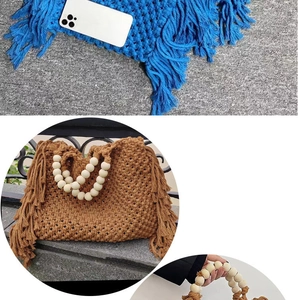Detail view of mini macrame bag with beaded handles and fringe in brown and blue