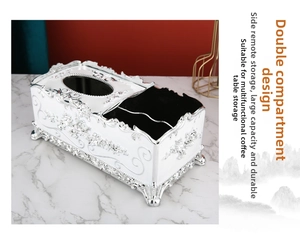 Macro detail of the white European tissue box featuring silver embossed floral patterns