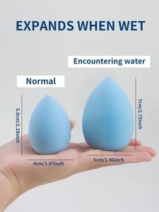 Makeup sponge size comparison showing expansion from normal to encountering water