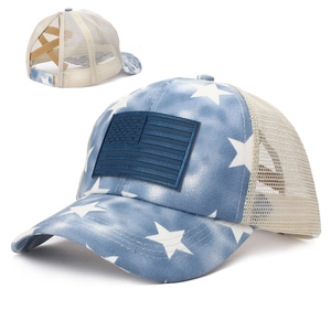 American flag mesh trucker hat with star pattern and criss-cross high ponytail hole