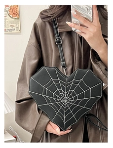 Gothic heart spiderweb crossbody bag, stylish black leather punk shoulder purse for women.