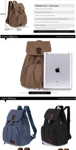 Detailed view of canvas backpack dimensions, internal storage and color options chart