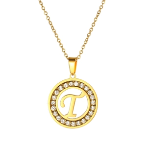 Detail of a gold stainless steel round necklace featuring a crystal-set letter T pendant