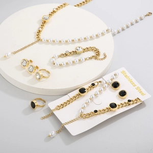 Exquisite gold stainless steel jewelry set with square zircon and white pearls details