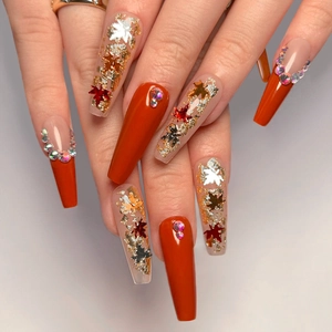 Press On Nails Long Coffin Red Nude French Tip With Autumn Maple Leaf Sequins And Rhinestones Fake Nails For Women