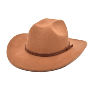 Classic wide brim wool felt cowboy fedora hat in tan with decorative brown leather band