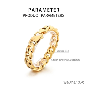 Detailed specs of heavy gold 18mm Cuban chain bracelet in polished stainless steel