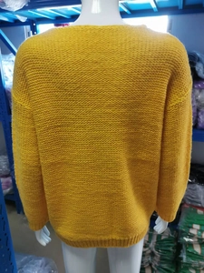 Rear view of a yellow V-neck knit sweater with a loose drop-shoulder fit on a mannequin