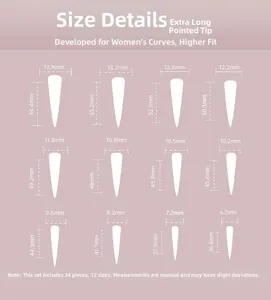 Size chart for extra long stiletto press-on nails showing 12 different dimensions and lengths