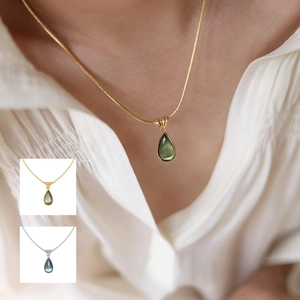 Waterdrop Pendant Necklace Titanium Steel Snake Bone Chain Translucent Glass Stone Elegant Fashion Jewelry For Women