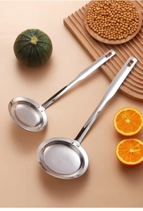 Close-up of dual stainless steel fine mesh oil strainers with ergonomic hanging handles