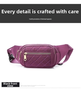 Detailed front view of purple quilted nylon waist bag with gold zippers and adjustable strap