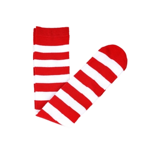 Detail of red and white striped knee-high socks showing soft knitted fabric texture