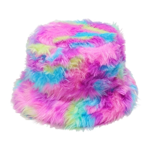 Close-up of colorful rainbow gradient faux fur fabric and thick plush texture of the bucket hat