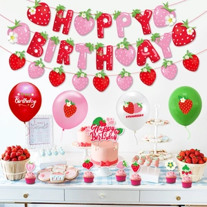 Strawberry theme birthday party decoration set with banner balloons and cupcake toppers