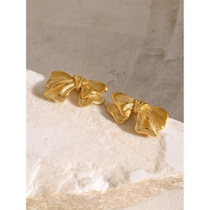 Elegant 18k gold plated stainless steel bow earrings with brushed texture on stone