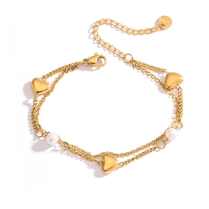 Gold plated stainless steel double layer bracelet with heart charm and white pearls