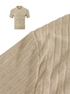 Macro shot of breathable waffle knit texture on men's beige striped short sleeve polo shirt
