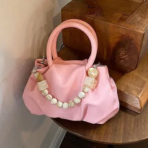 Women Cloud Pleated Bag PU Leather Crossbody Handbag With Marble Bead Chain And Metal Shoulder Strap Soft Casual Fashion