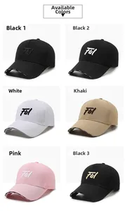Collage of baseball caps in black, white, khaki, and pink with Ful letter embroidery
