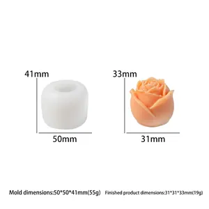 Détail du moule en silicone pour bougie rose avec dimensions 3D et poids du produit