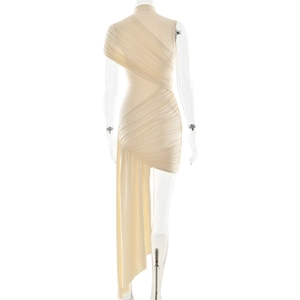 Rear view of beige one-shoulder pleated dress with long flowing streamers and ruched details