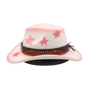 Detail of white felt cowboy hat with pink gradient stars and studded leather band