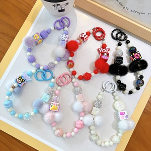 Handmade beaded keychain with colorful plush balls and acrylic beads for bags or phones