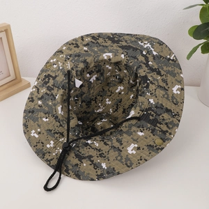 Close-up of digital camouflage bucket hat with adjustable black windproof chin cord