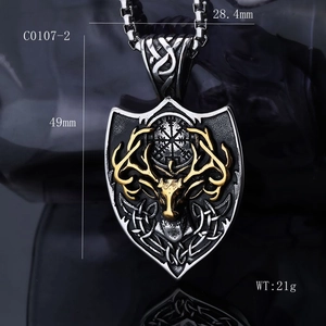 Detail view showing dimensions 49mm x 28.4mm for the Viking reindeer shield necklace