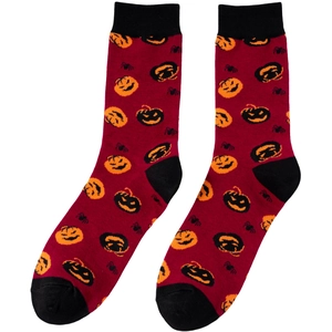 Detail of Halloween socks with orange pumpkins and black spiders on dark red knit
