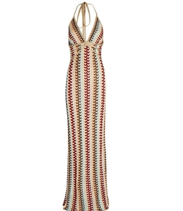 Detail of multi-color striped crochet knit dress featuring vertical wave textures