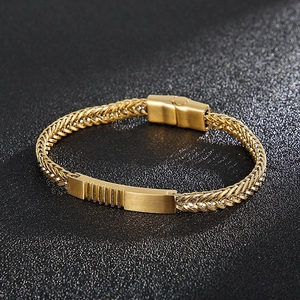 Men's punk double-row gold stainless steel woven chain bracelet with magnetic clasp