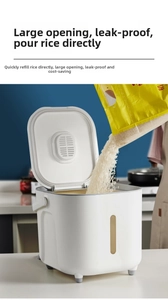 Macro shot of a minimalist white food-grade grain bin being filled with rice in a kitchen