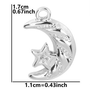 Detailed size view of silver star and moon pendant with dimensions 1.7cm by 1.1cm