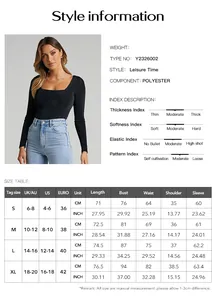 Size chart and fabric details for long sleeve Y2K yoga bodysuit showing measurements