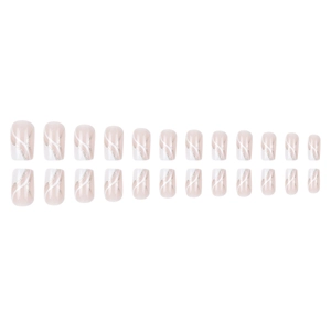 24pcs long square press on nails with white french wavy lines and silver glitter