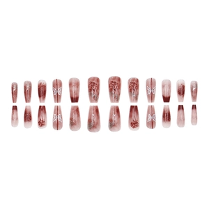Long coffin press-on nails with red gradient marble texture and butterfly designs
